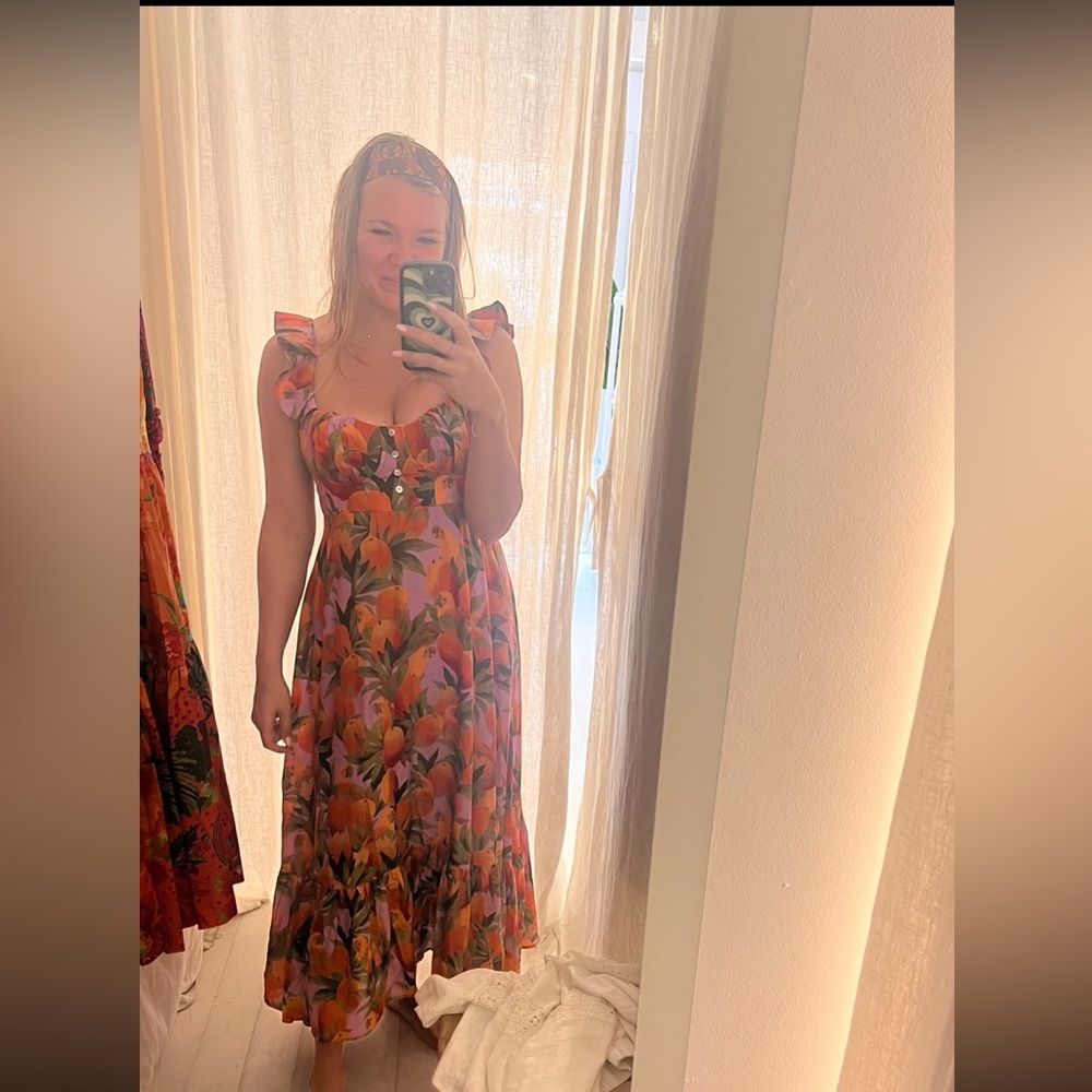 Farm Rio Floral Midi Dress Mango Macaws Size M/L